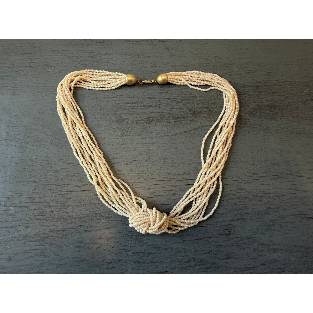 Vintage Multi Strand Seed Pearl Knotted Necklace Gold Tone Clasp Cream 18 Inch